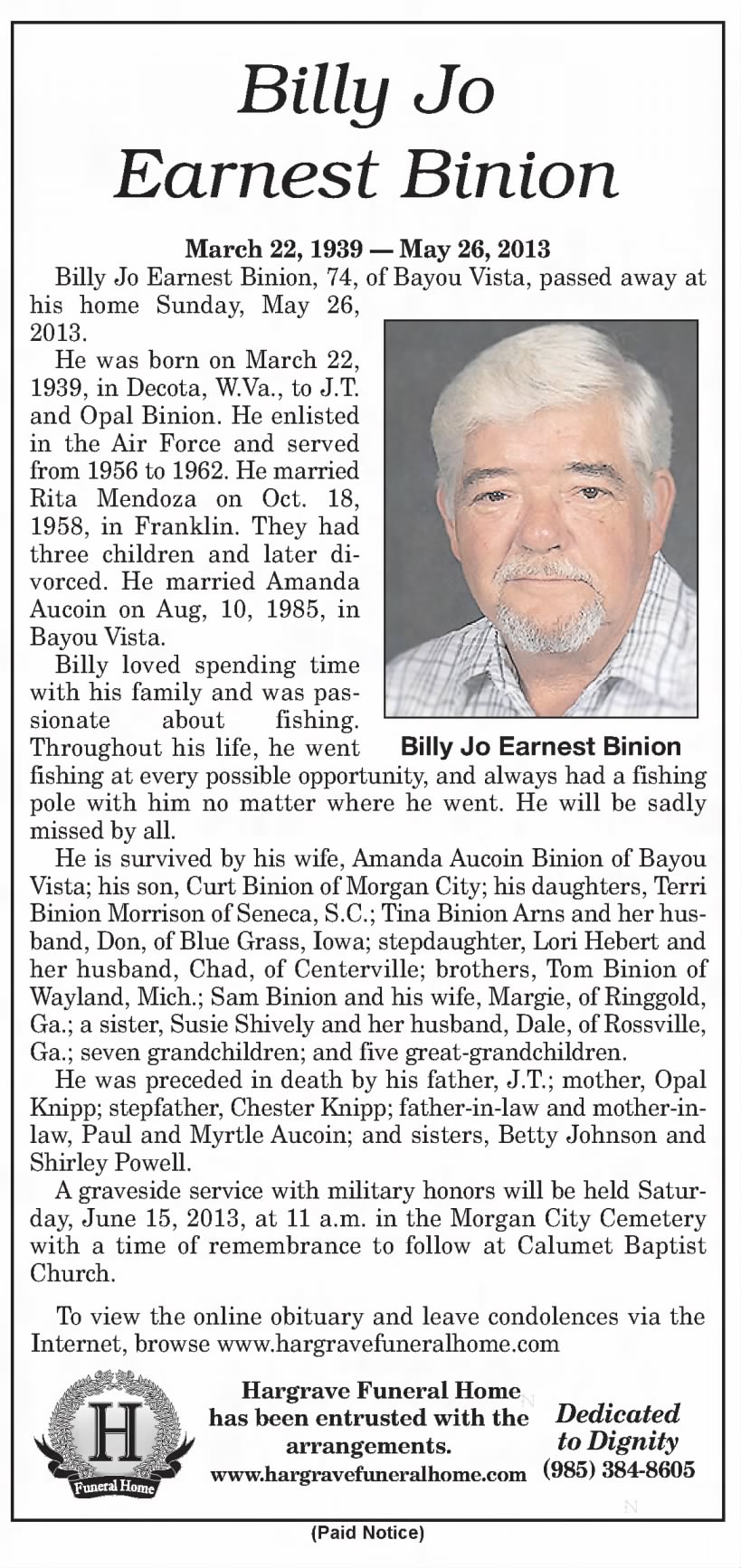 Obituary for Billy Jo Earnest Binion Binion