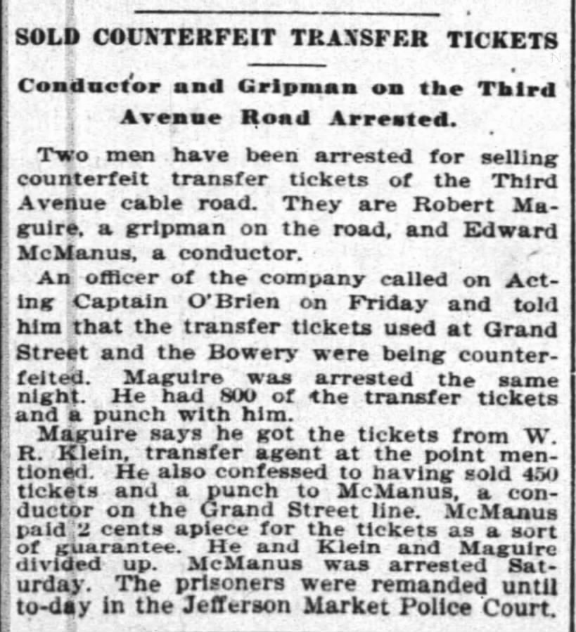1895-12-09 NY Times Edward McManus, Conductor Arrested Train Tickets