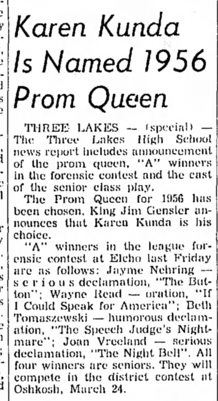 Karen Kunda 1956 Prom Queen