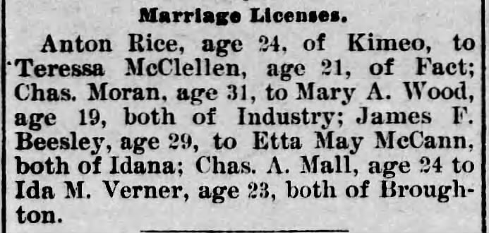 Ida Verner marries Charles Mall. 1894