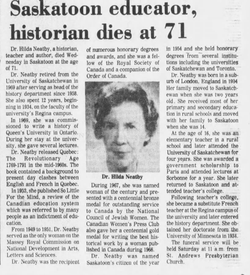 Obituary for Hilda Neatby (Aged 71)
