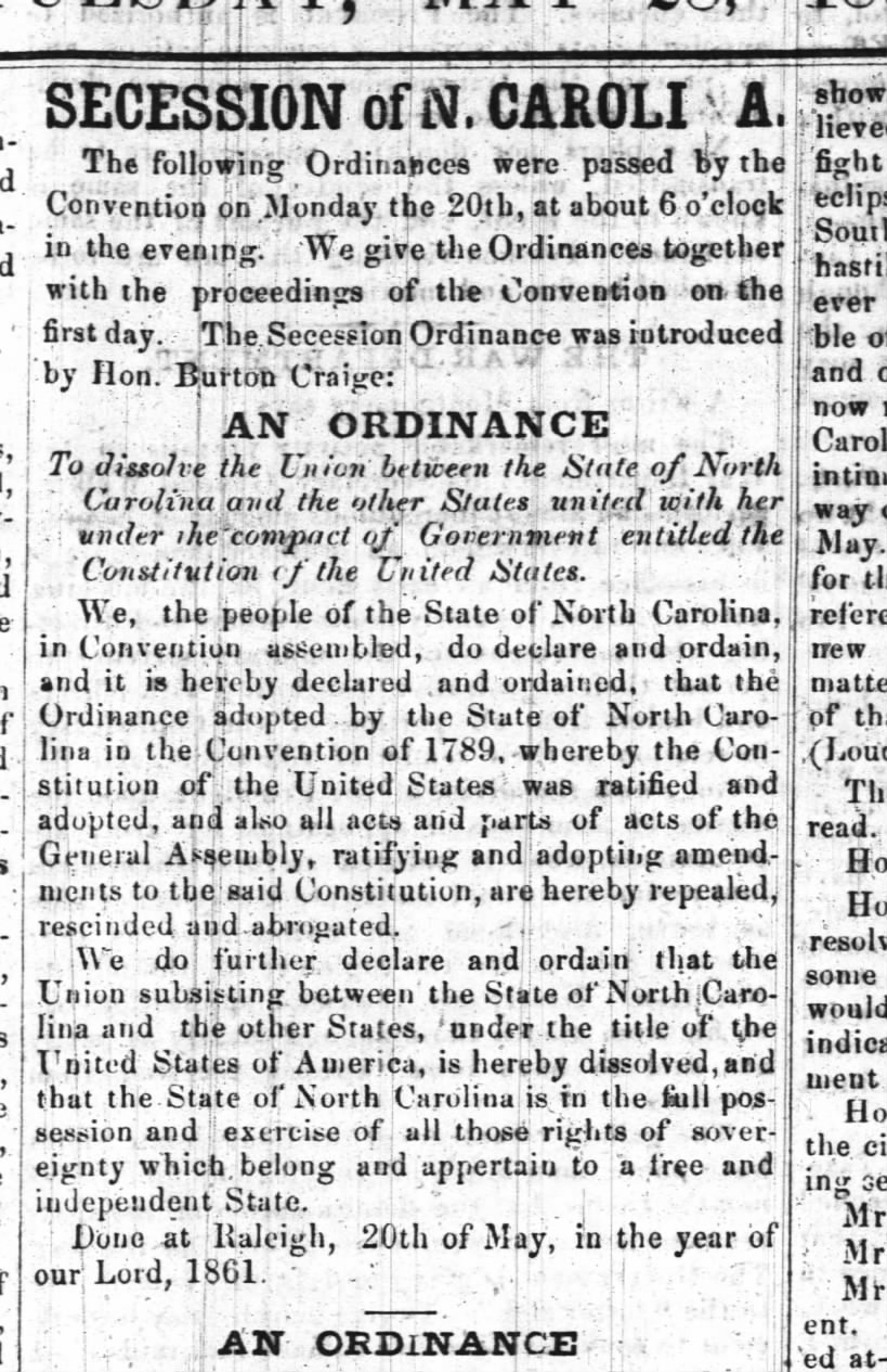Secession of North Carolina, 20 May 1861