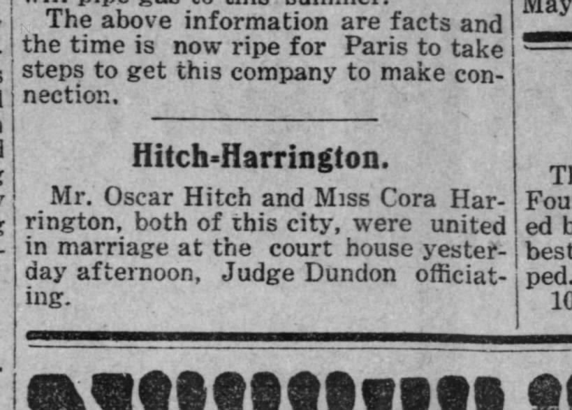 Marriage notice for Oscar Hitch  and Cora Harrington; married 16 May 1907