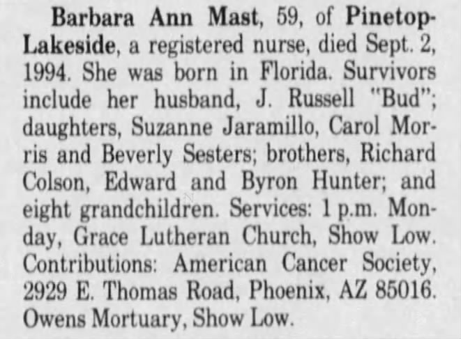 Barbara Ann Colson Mast Obituary