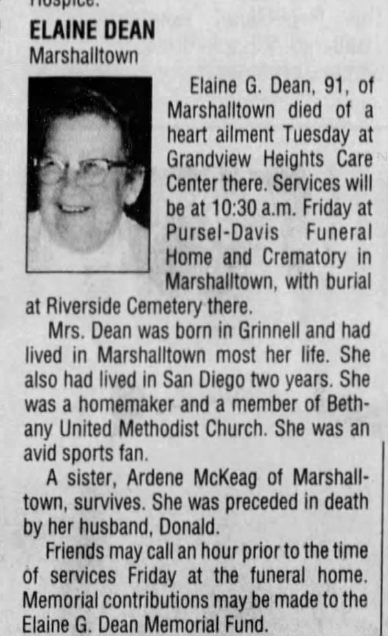 Elaine Fleming Dean Obituary