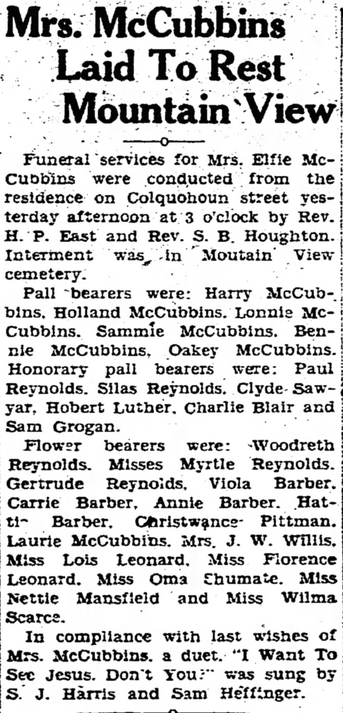 Elfie McCubbins obit
The Bee (Danville, VA) 13 May 1931, Wed. pg 1