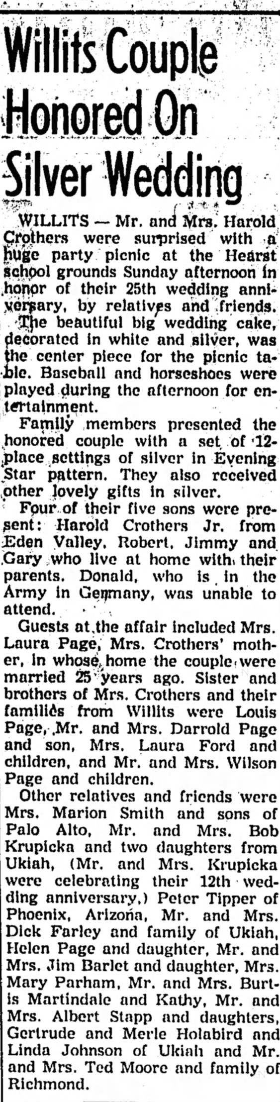 Crother's 25th Anniversary with Gertrude & Myrle Holabird - Ukiah Daily Journal 5 August 1954