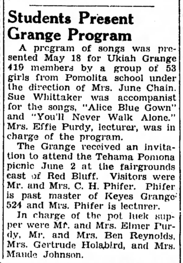 Gertrude Holabird - Grange potluck supper - Ukiah News 24 May 1956