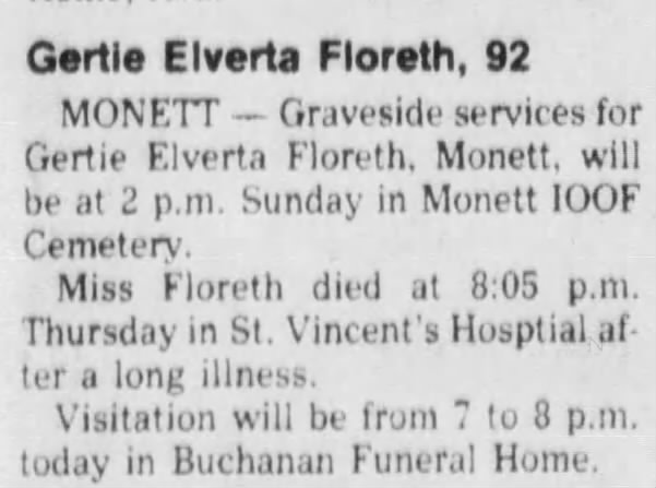 Gertie Elverta Floreth death notice