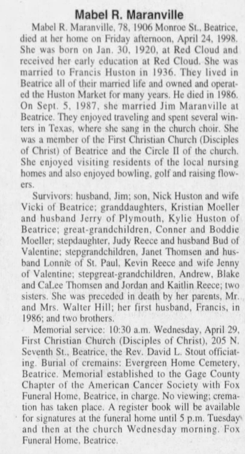 Obituary for Mabel R. Maranville, 1920-1998 (Aged 78)