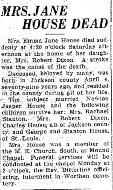Emma Jane House Obituary