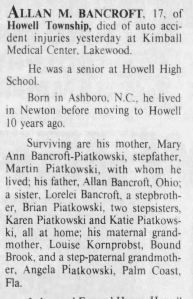 Martin Piontkowski, father of deceased...lists other children Howell NJ, 1989