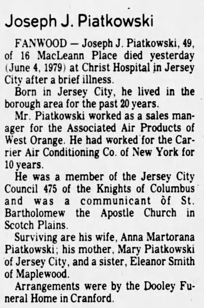 joseph j piatkowski obit 1979, fanwood, nj, mother was Mary Piatkowski of Jersey City