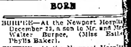 birth announcement for Andrew Nelson Burpee from Newport Mecury, Newport RI dated 3 Jan 1941