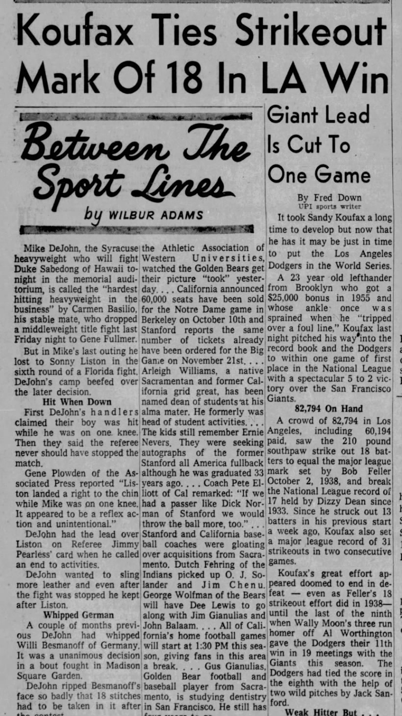 1959-09-01 MLB Notes - Sandy Koufax Ks 18, ties Feller