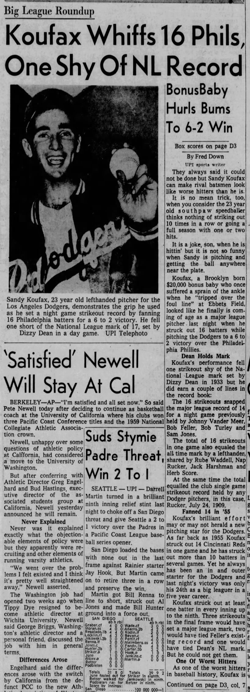 1959-06-23 MLB Notes - 23yo Sandy Koufax Ks 16 - 1 shy of Dizzy Dean's record