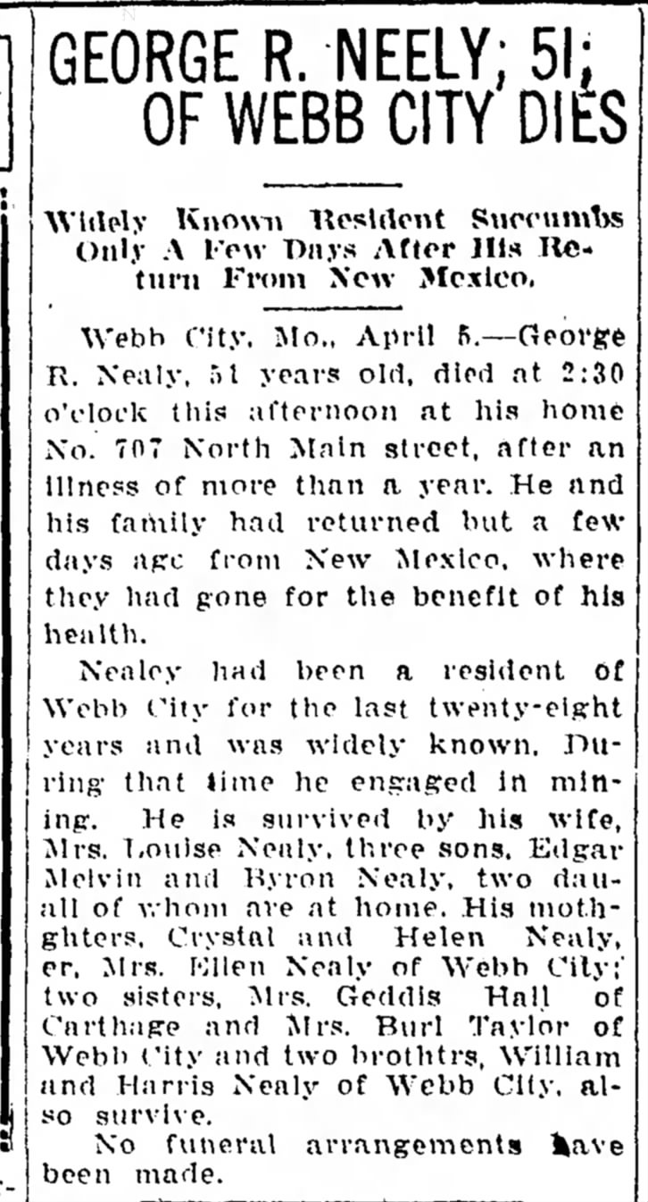 6 Apr 1922 Joplin Globe
George R Nealy