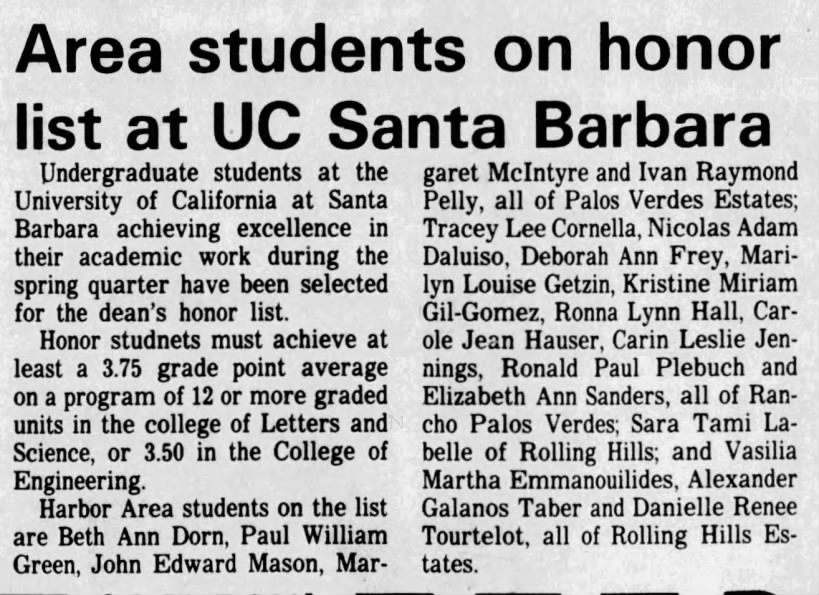 Area students on honor list at UC Santa Barbara