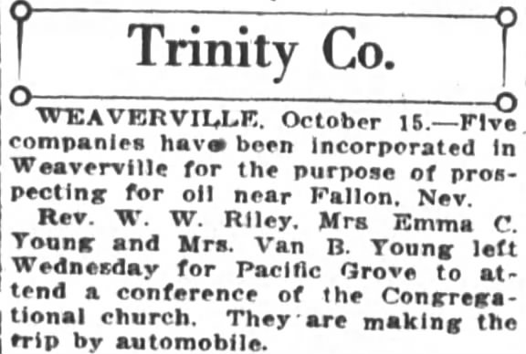 Rev. W.W. Riley traveling to Pacific Grove conference of the Congregational Church
