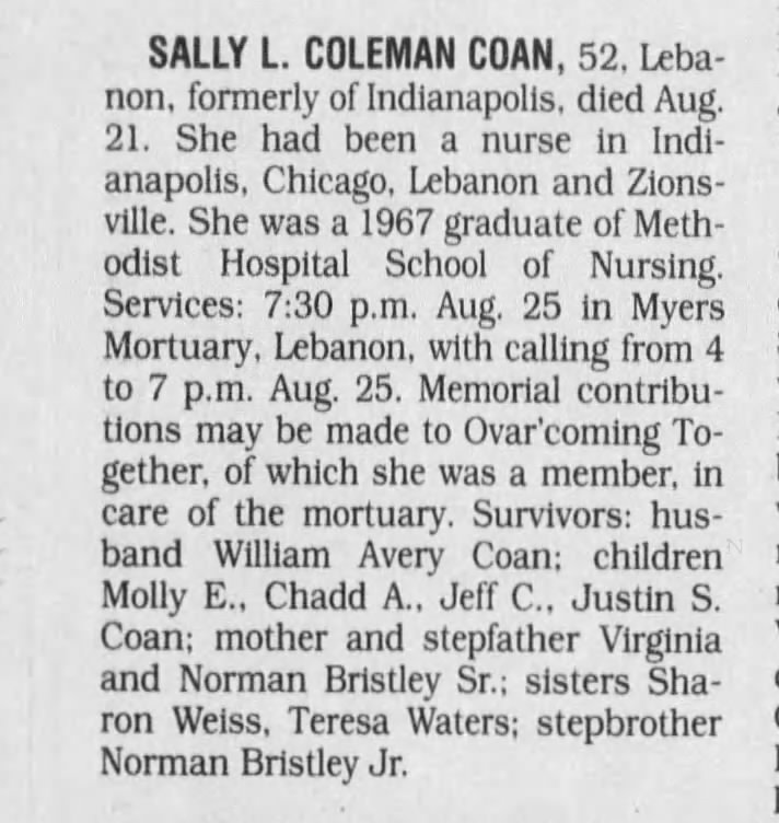 My friend since first grade at School #41, Sally Lynn Coleman.  Died Aug. 21, 1998.