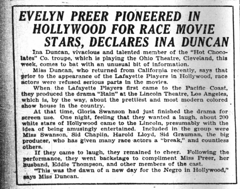 Evelyn Preer Pioneered in Hollywood or Race Movie Stars, Declares Ina Duncan