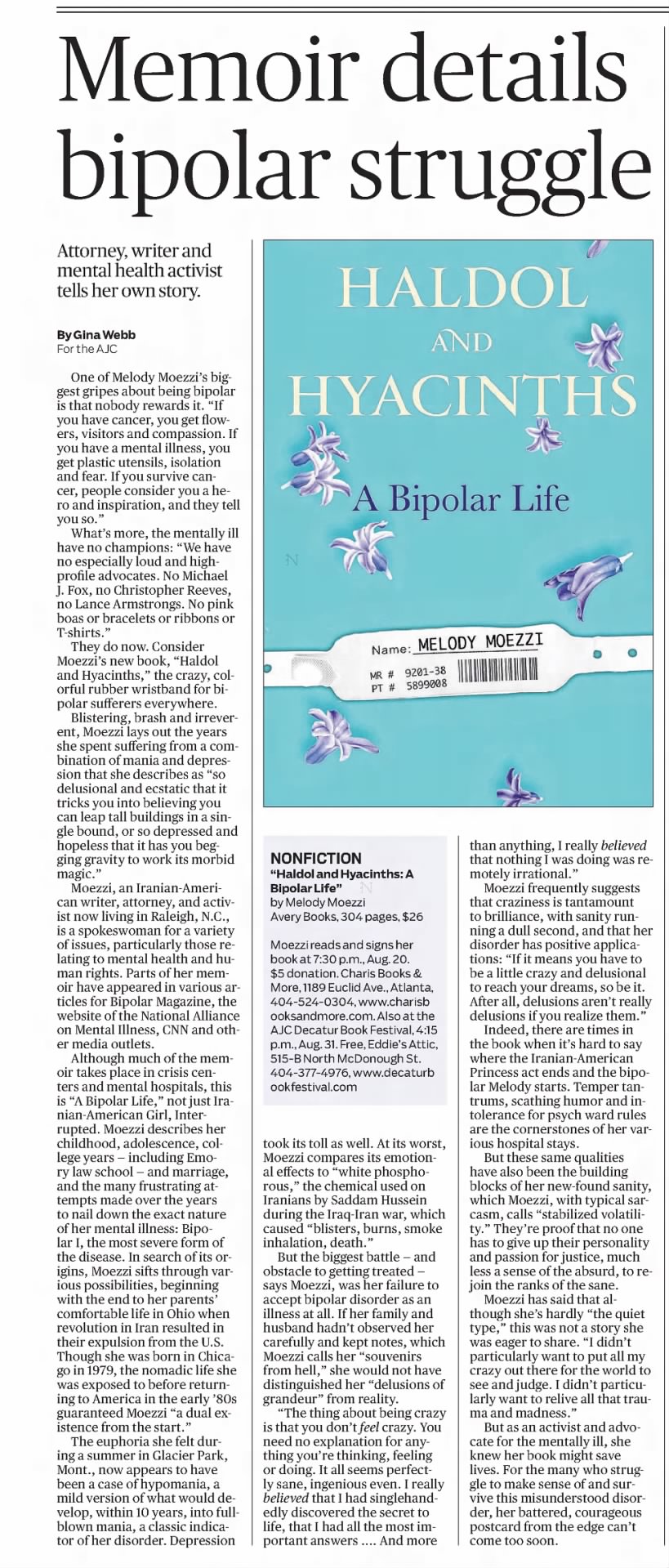 Memoir details bipolar struggle - "Haldol and Hyacinths" by Melody Moezzi