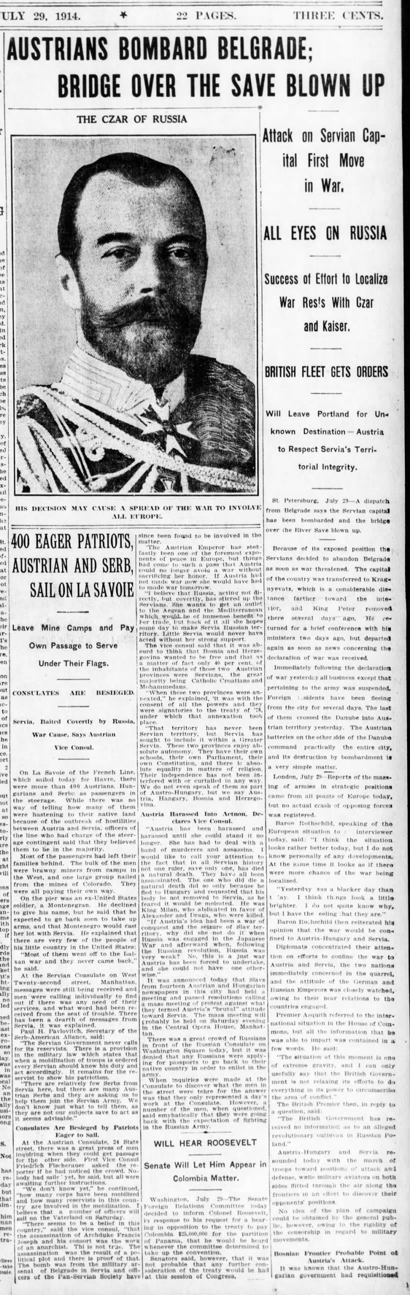 Brooklyn Daily Eagle 29 July 1914 WWI Begins
