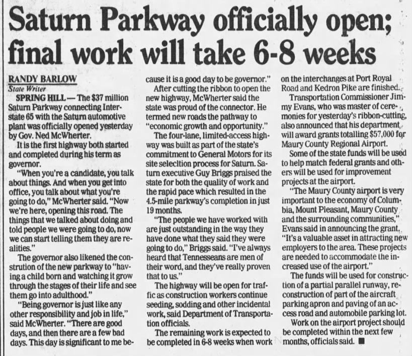 Saturn Parkway officially open; final work will take 6-8 weeks