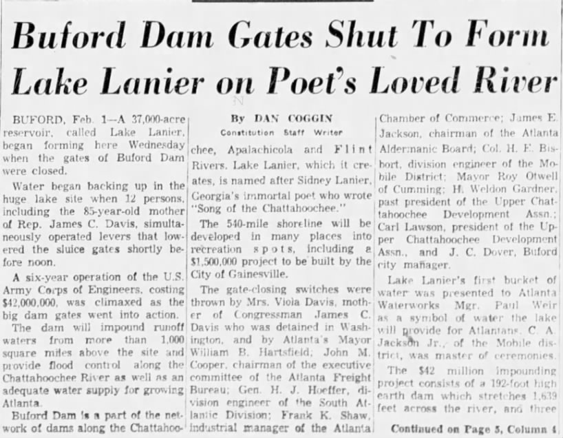 Buford Dam Gates Shut To Form Lake Lanier on Poet's Loved River