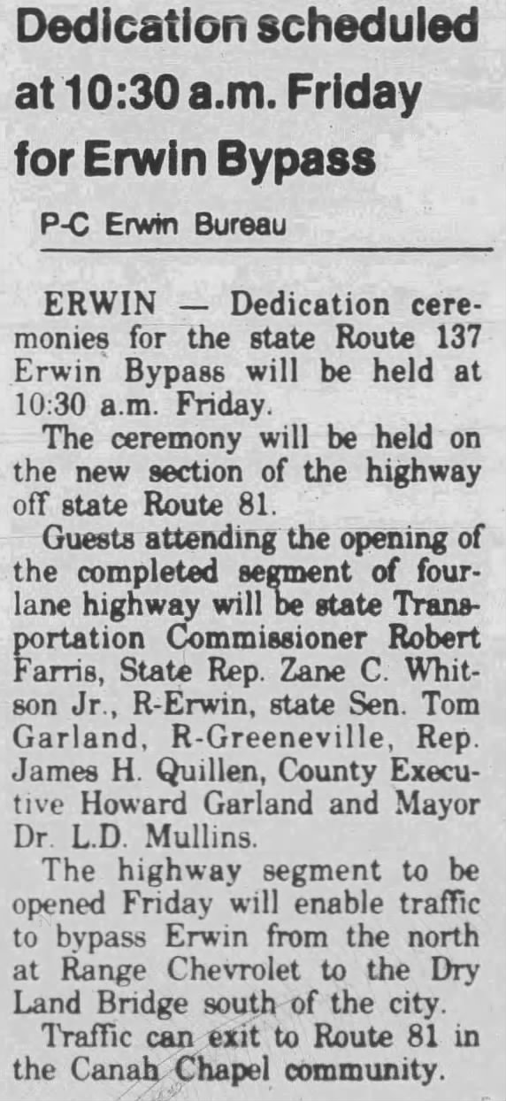 Dedication scheduled at 10:30 a.m. Friday for Erwin Bypass