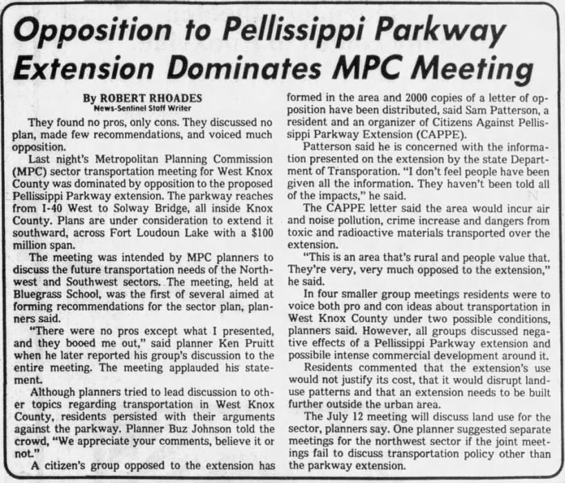 Opposition to Pellissippi Parkway Extension Dominates MPC Meeting