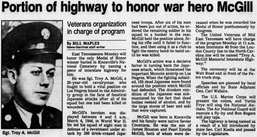 Portion of highway to honor war hero McGill