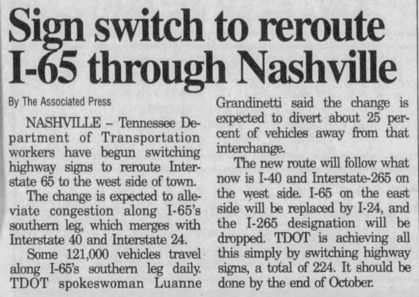 Sign switch to reroute I-65 through Nashville