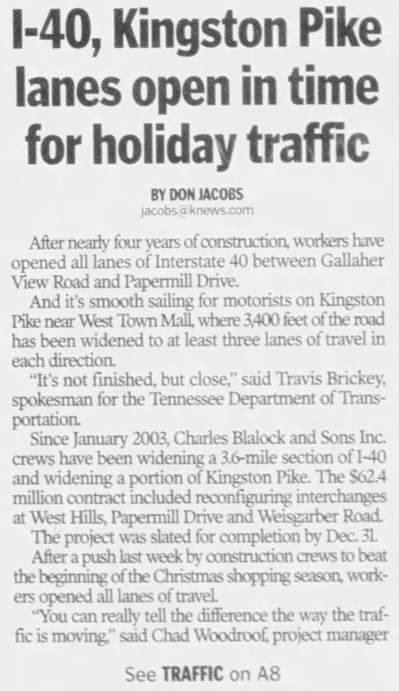 I-40, Kingston Pike lanes open in time for holiday traffic