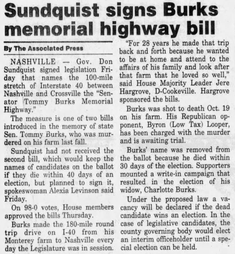Sundquist signs Burks memorial highway bill