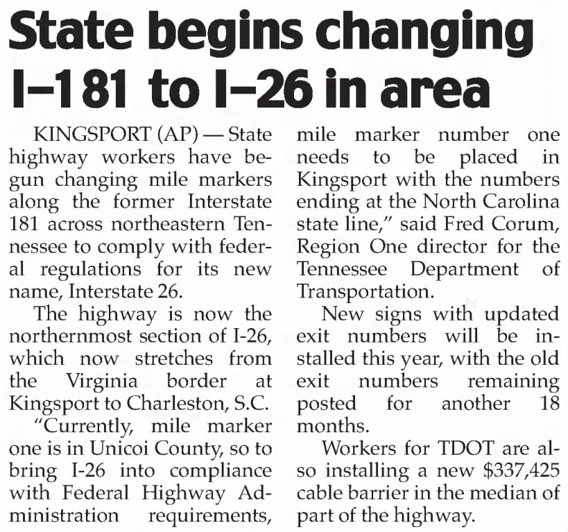 State begins changing I-181 to I-26 in area