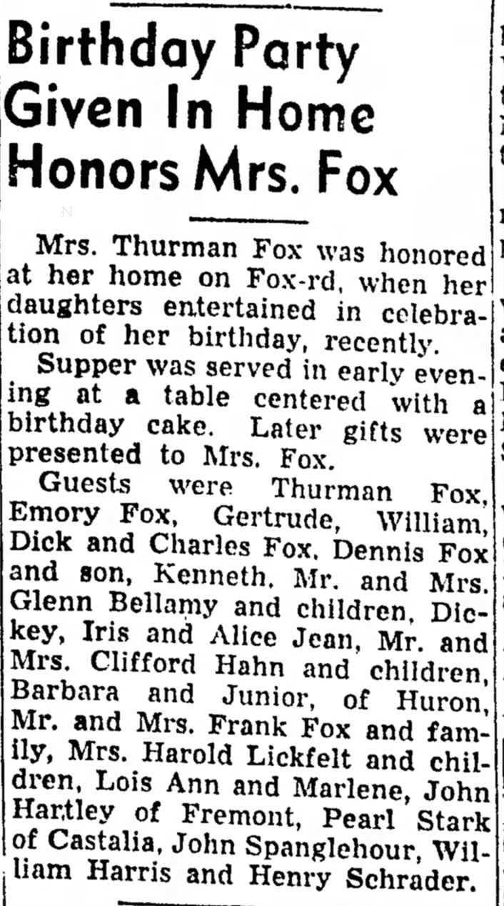 Kathryene O'Neil Fox honored with birthday party in Feb 1943/ Sandusky Register