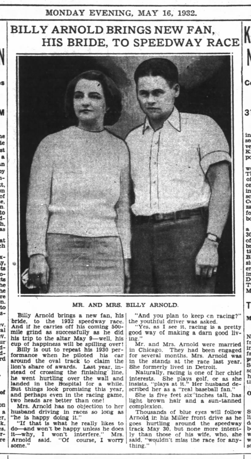 1932 Indianapolis 500 practice May 16 1932 Billy Arnold wedding announcement