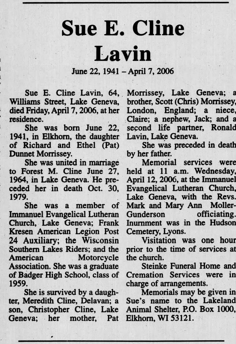 Obituary for Sue E. Cline Lavin, 1941-2006 (Aged 64)