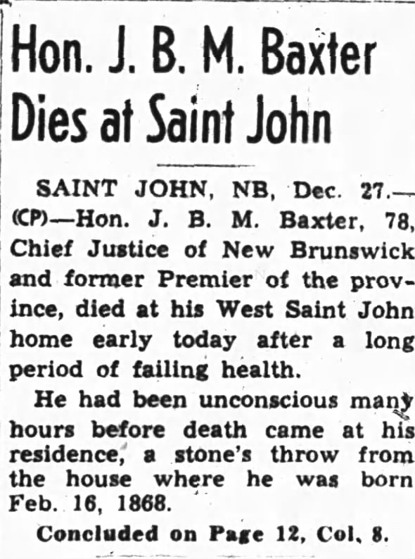 Hon. J. B. M. Baxter Dies at Saint John