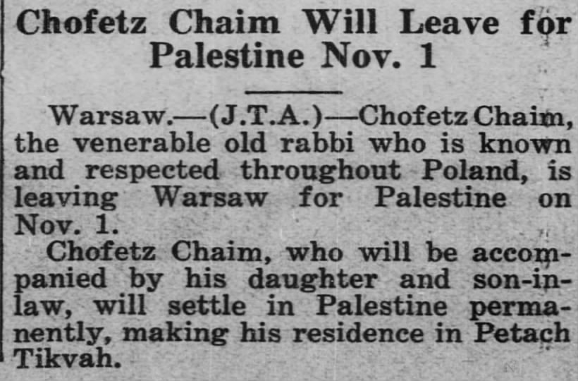 Chofetz Chaim Will Leave for Palestine Nov. 1