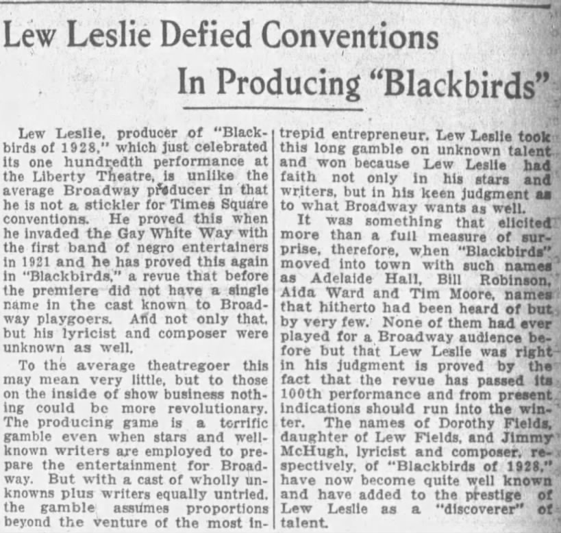 Lew Leslie Defied Conventions In Producing ''Blackbirds''