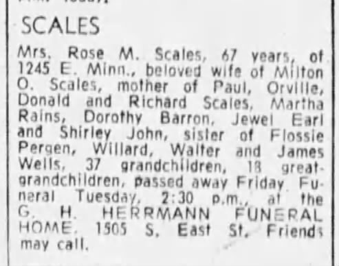 Rose M Scales Dies, 30 Nov 1967.  Wife of Milton Oscar Scales.