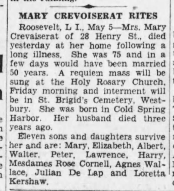 Brooklyn Daily Eagle May 4 1932 pg 25 Mary Mc Carty Crevoiserat obit