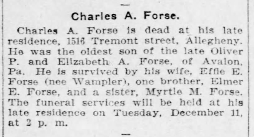 Charles A Forse obit, not in FTM