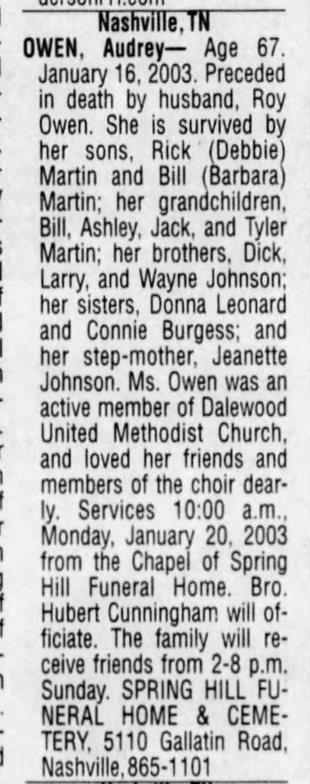 obituary of Audrey Johnson Owen