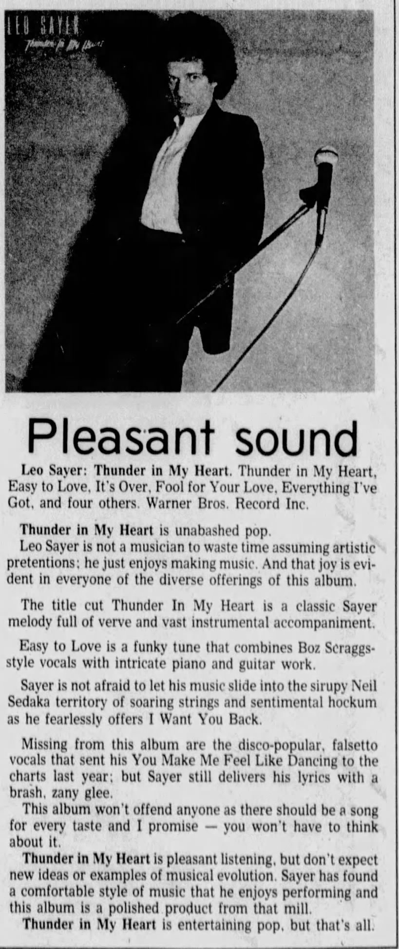 Leo Sayer "Thunder in My Heart" 1978 Red Deer Advocate Review