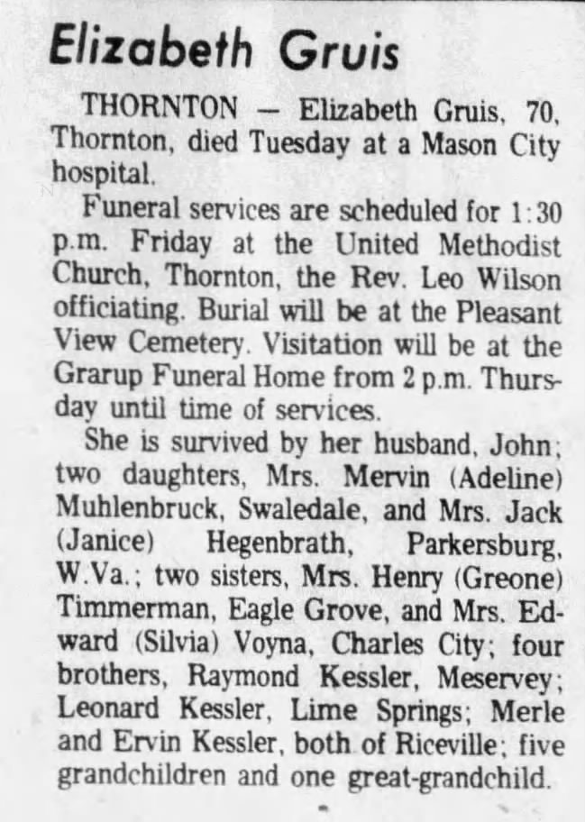 Obituary for Elizabeth Gruis (Aged 70)