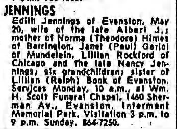 Edith (Olson) Jennings Obituary - Chicago Tribune - 22 May 1976