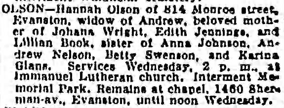 Hannah (Nilsson) Olson Obituary - Chicago Tribune - 10 Dec 1941